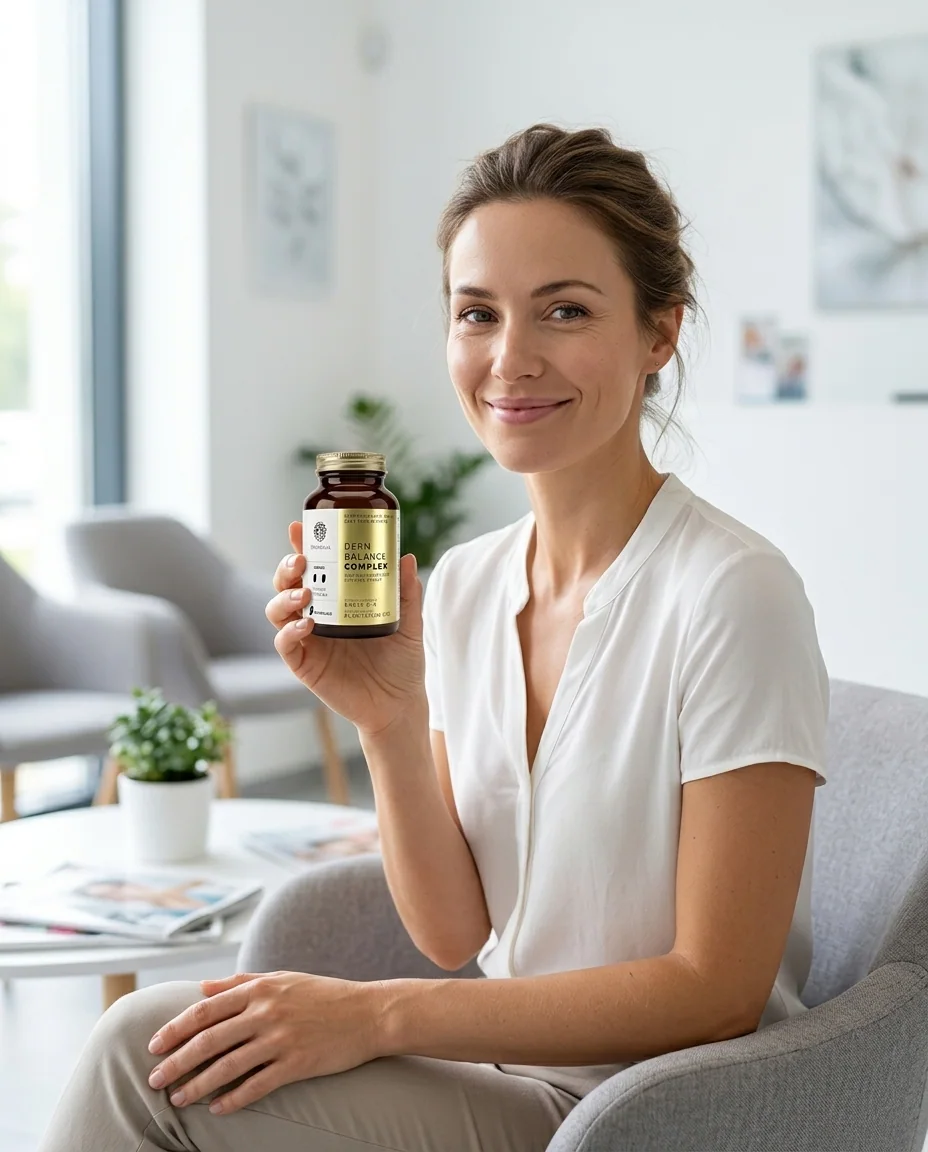 Žena drží balení DermBalance Complex® v přirozeném domácím prostředí